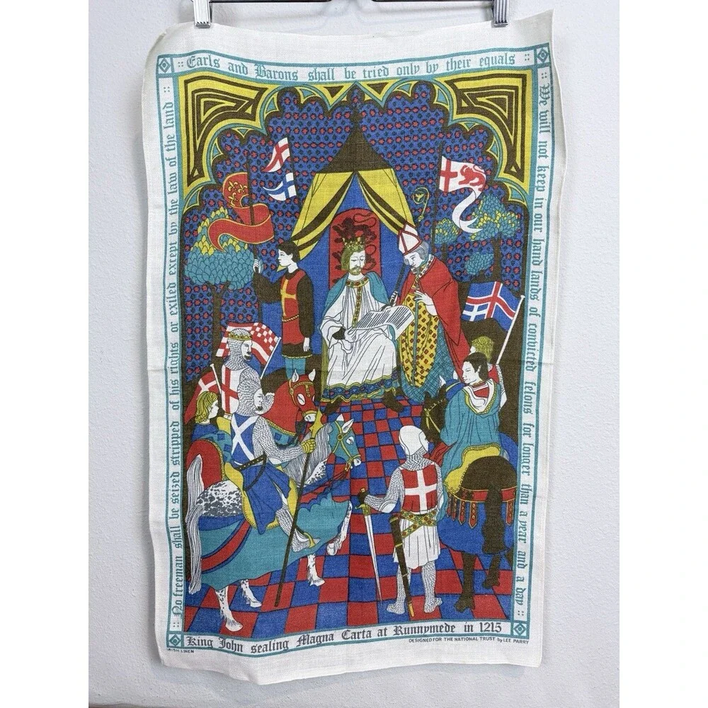 Vintage National Trust Magna Carta Irish Linen Tea Towel Multicolor